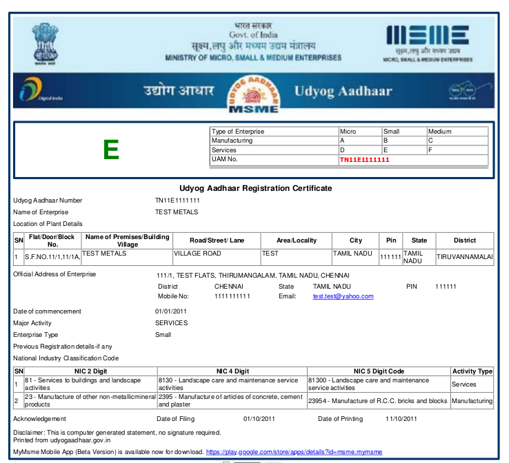Udyog Aadhar Certificate
