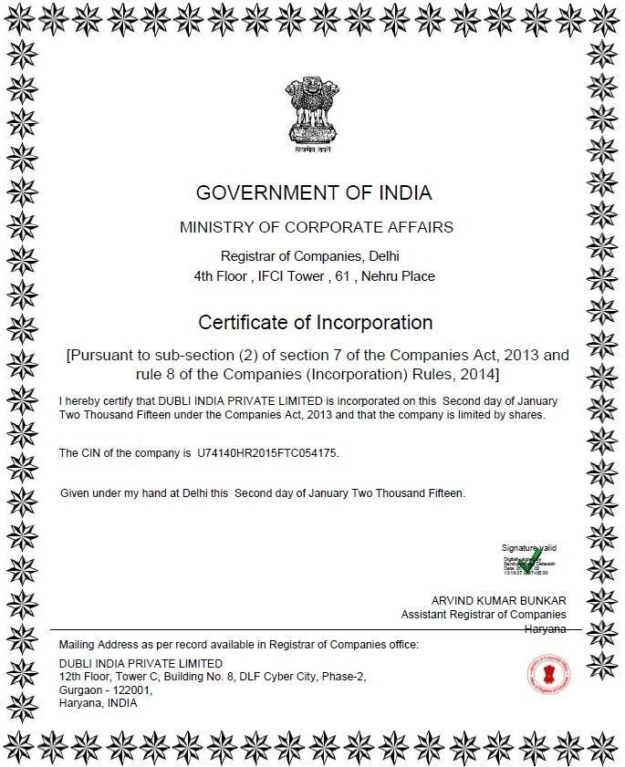 company registration certificate in bangalore
